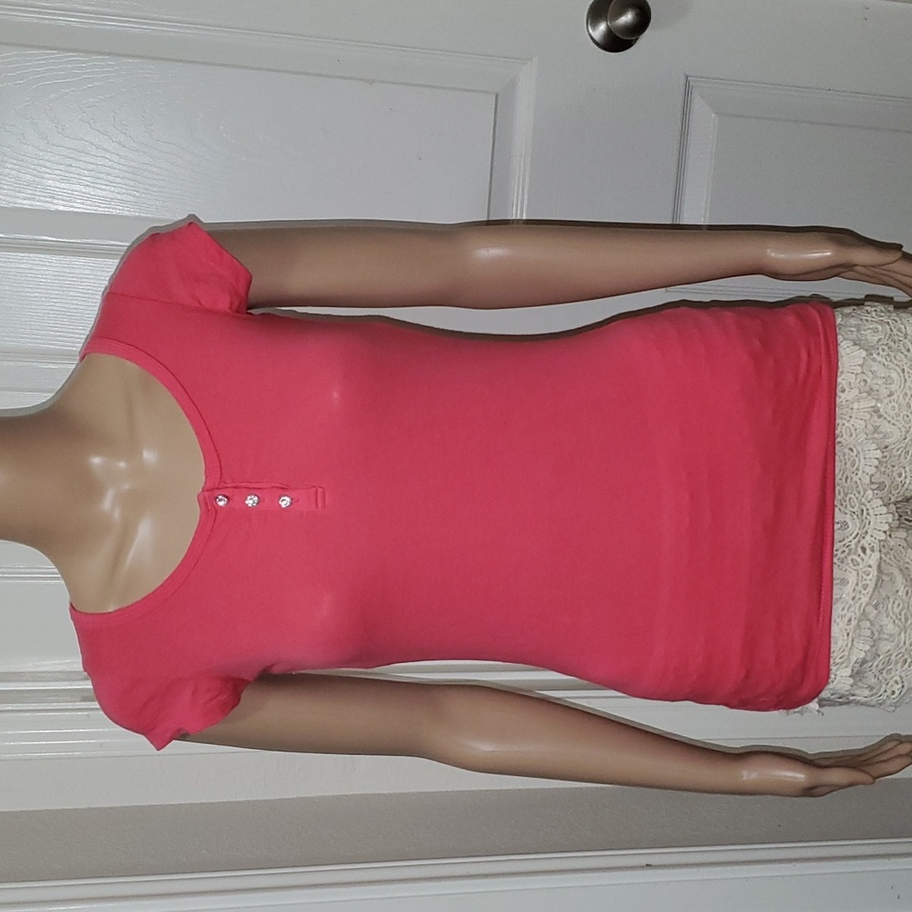 Active Basic m rhinestone button vneck cap sleeve sleek stretch conforms to body